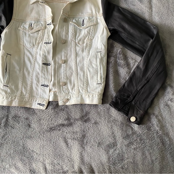 rag & bone Bleached Denim Jacket with Black Leather Sleeves - Picture 5 of 7